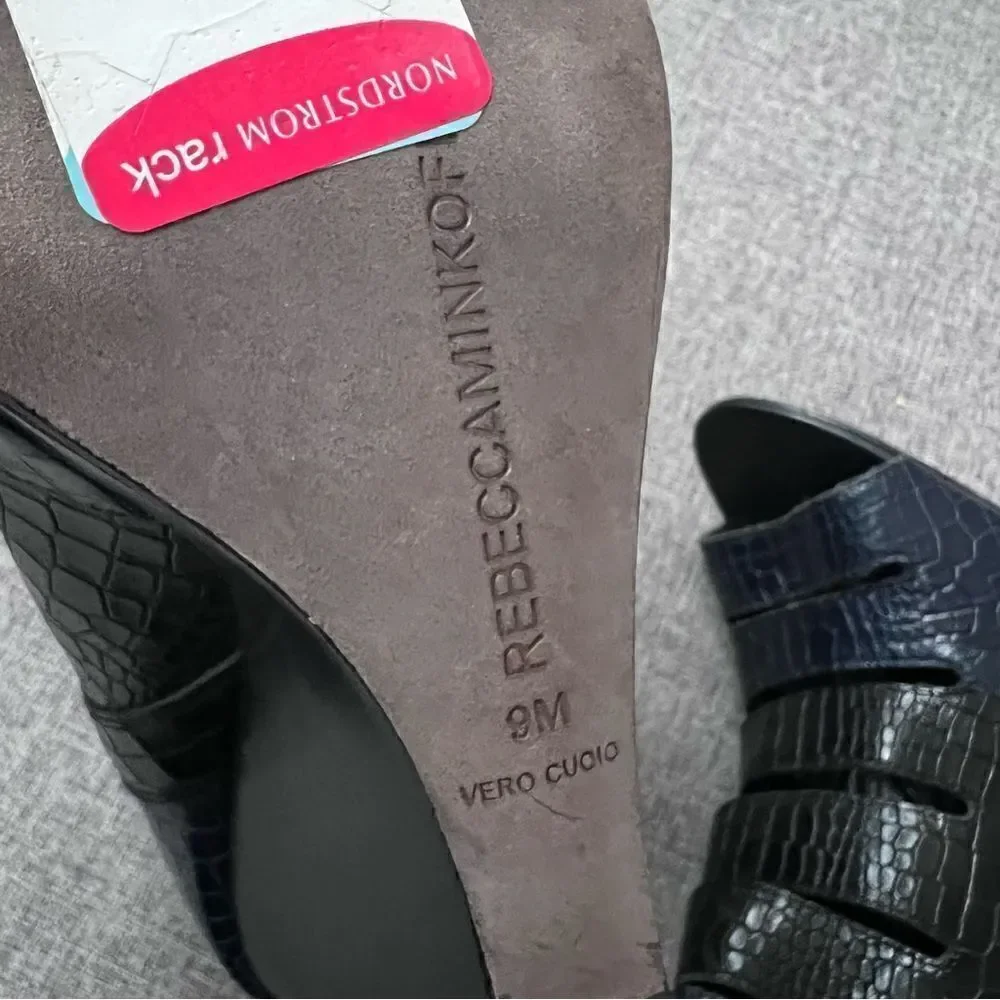 Rebecca Minkoff Sonny Embossed Peep Toe Wedge Booties Size 9 Navy Blue Black